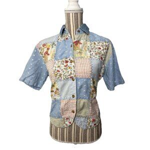 Vintage Womens Denim Top Small Shirt Embroidered Country Cottage Granny core 90s